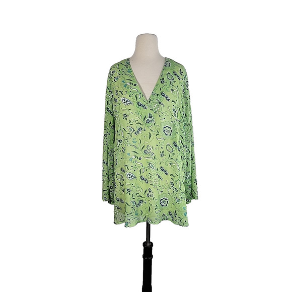 Susan Graver Style Sheer Floral V-Neck Blouse 1X Lime Green Blue Glitter Tunic - Picture 5 of 13